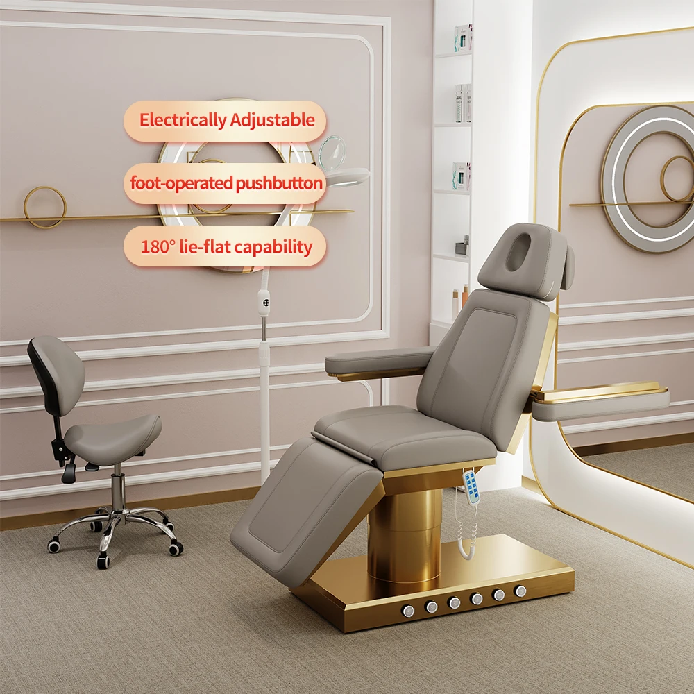 SONKLY Deluxe 3 Motor Stainless Steel Gold Coloured Base with Foot Control Beauty Bed Massage Table Treatment Bed