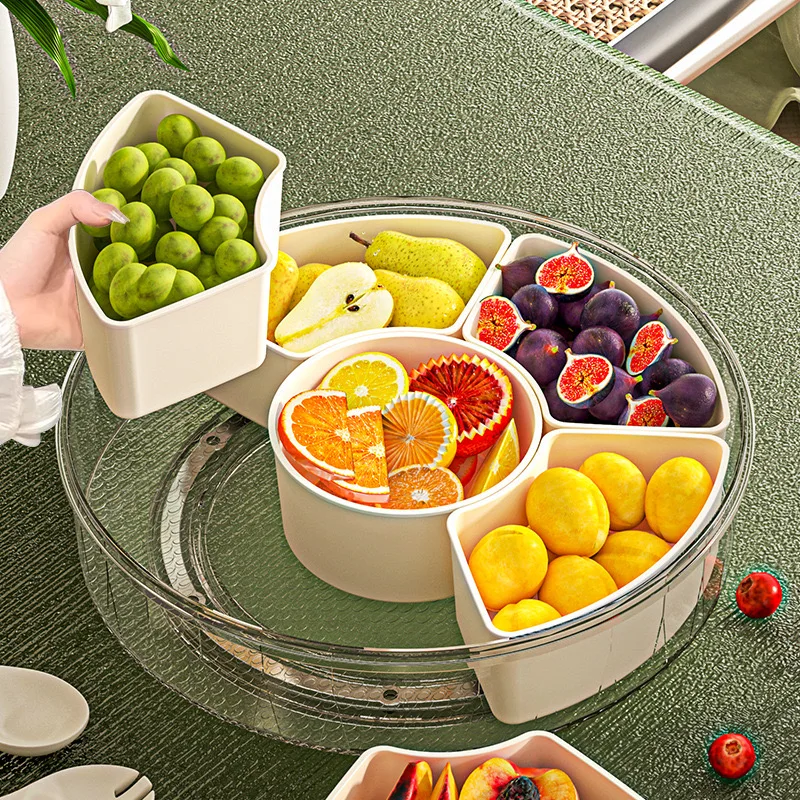 Round Divided Serving Tray With Lid And Handle Portable Snack 6 Compartment Fresh Keeping Food Storage Snack Box Container