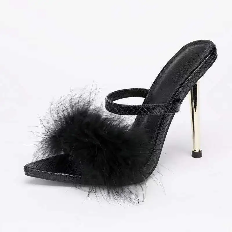 2022 new pointed crackle leather turkey feather slippers female plus size sexy high heel slippers