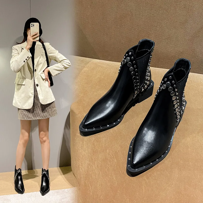 2024 winter sexy pointed toe women metal studs ankle low thick heel boots fashion rivets short Chelsea boots for ladies
