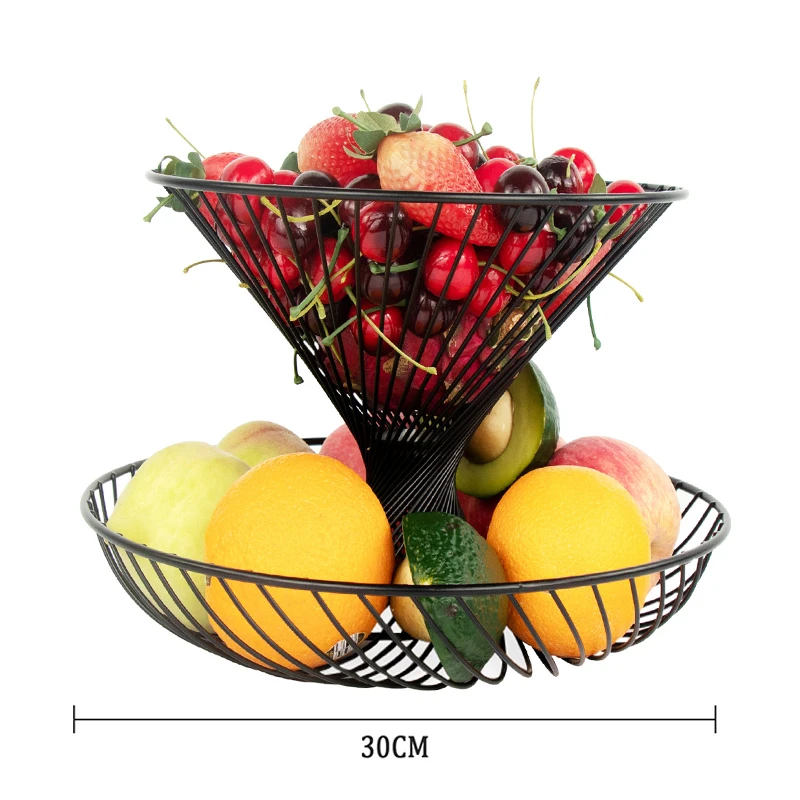 Creative fruit basket home decoration Stainless steel house decor black 2 tire mesh bowl iron basket