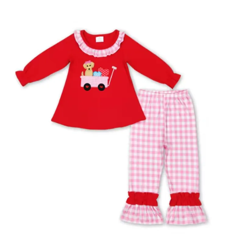 wholesale baby girl boys smocked clothing set toddler kids boutique dog wagon valentine children puppy heart embroidery smocked