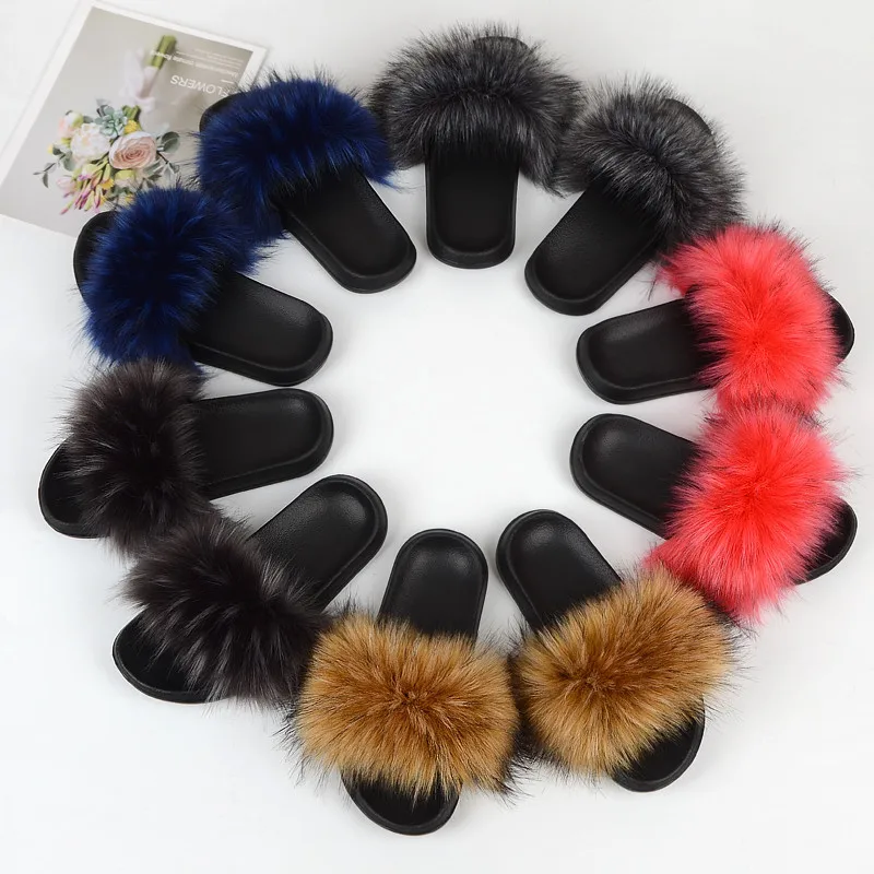 
Custom fur slides for women REAL BIG FURRY slippers flush soft raccoon outdoor slider sandals Afford fox fur slipper for wholesa 