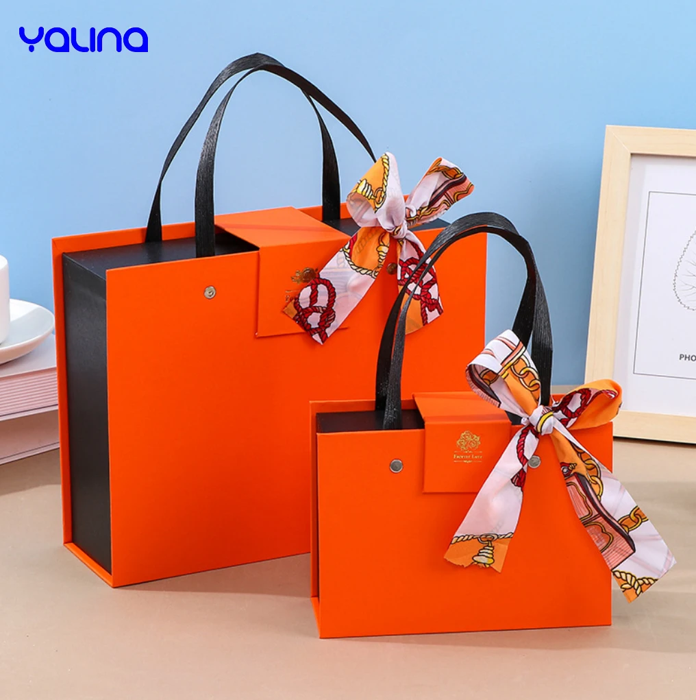 Wholesale Custom Fashion Orange Magnetic Cardboard paper Box Shipping valentines Day Gift Boxes with handle