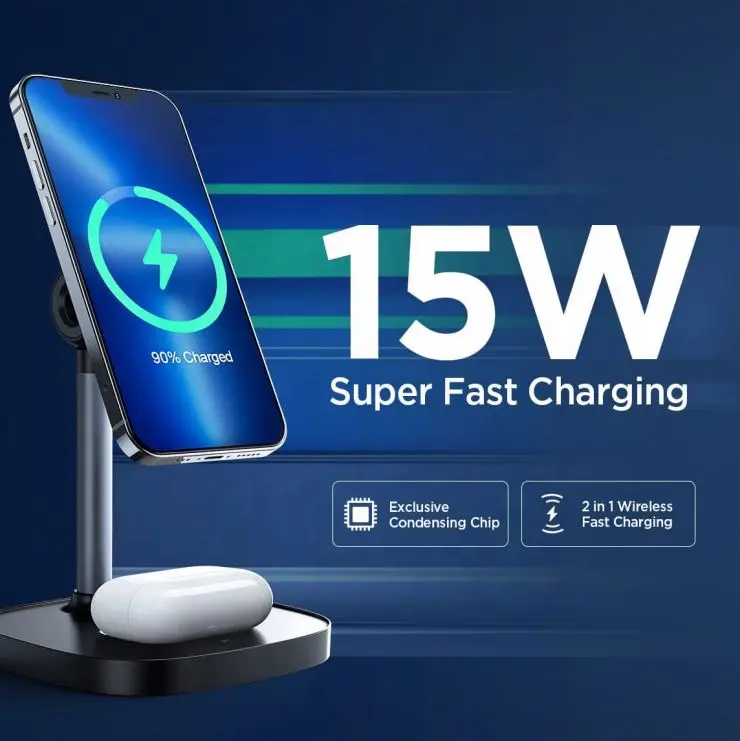 Aluminum Fast Charging Stand Wireless Phone Charger Station Dock for iPhone 15W 3 in 1 Magnetic wireless charging lamp