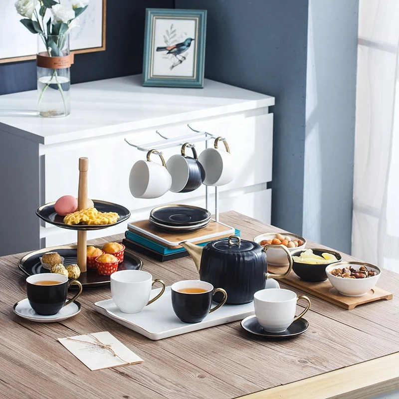 Gold Rim Porcelain Tea Cup Set With Teapot Ceramic Tea Pot And Cup Sets Of 6