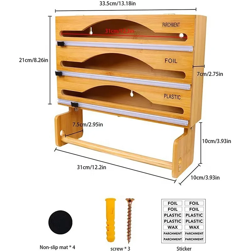 MF-L348Bamboo Wood Roll Organizer Holder Wax Paper Aluminum Foil And Plastic Wrap Dispenser With Slide Cutter