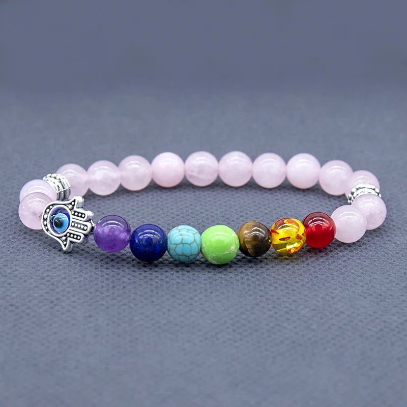 2022 New Arrival Natural Stone Hand Of Fatima Chakra Bracelet Coloful Lava Crystals Healing Stone Beaded Evil Eye Bracelet