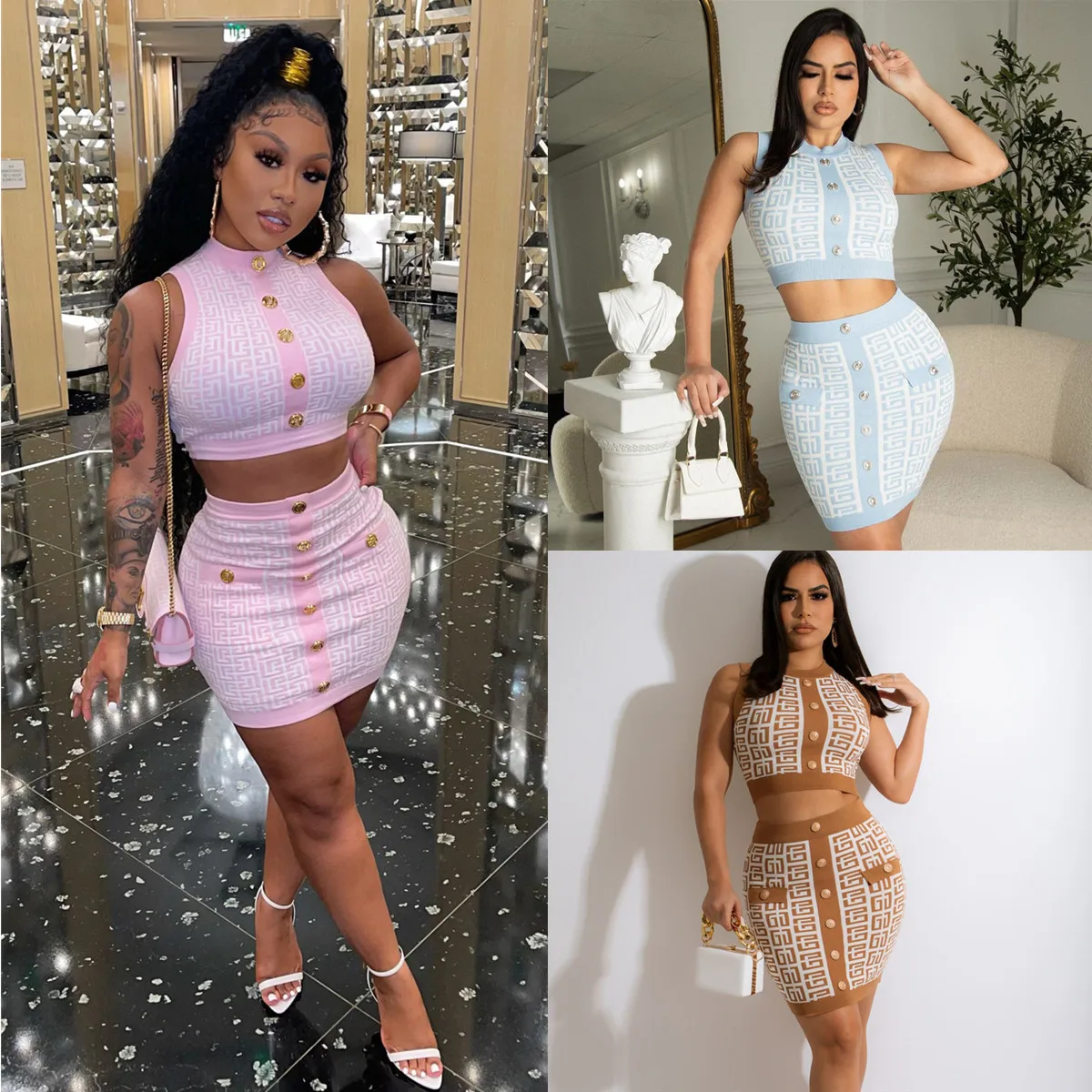 JM Fashion casual women clothing two piece short skirt set Slim Skirt Women Clothing 2 Piece Shirts Dresses