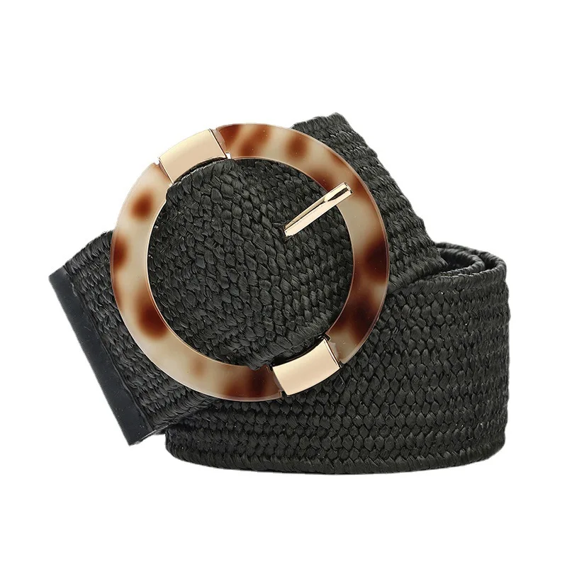 Alloy Plastic Buckle Retro Bohemian Style Straw Braided Embellished Dress Belt Women Elastic
