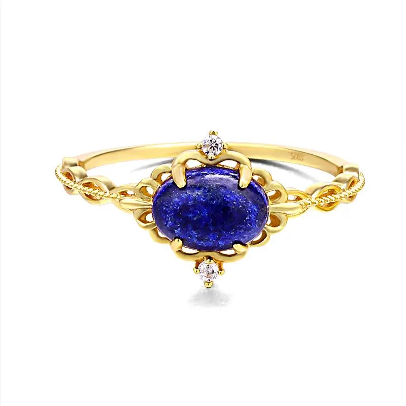 Silverbene Elegant Oval Natural Lapis CZ 925 Sterling Silver Ring
