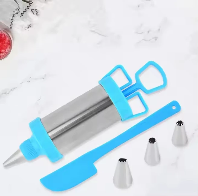 Stainless Steel Cake Press Gun Kit With 3 Icing Tips and a Spatula Pastry for Baking Decorating