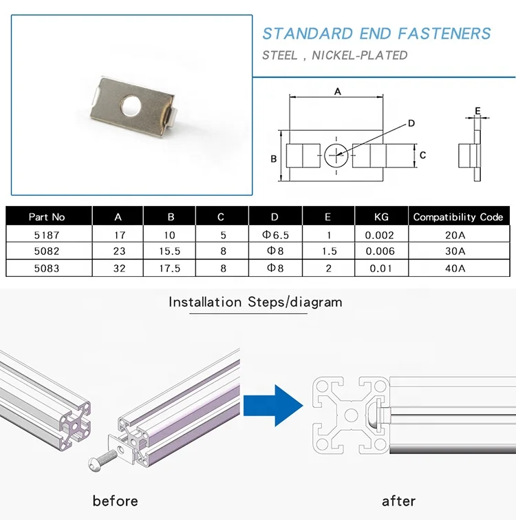 Verified Supplier 32*17.5mm OB40A Standard End Fasteners for 40x40 T Slot Aluminum Extrusion  #5083