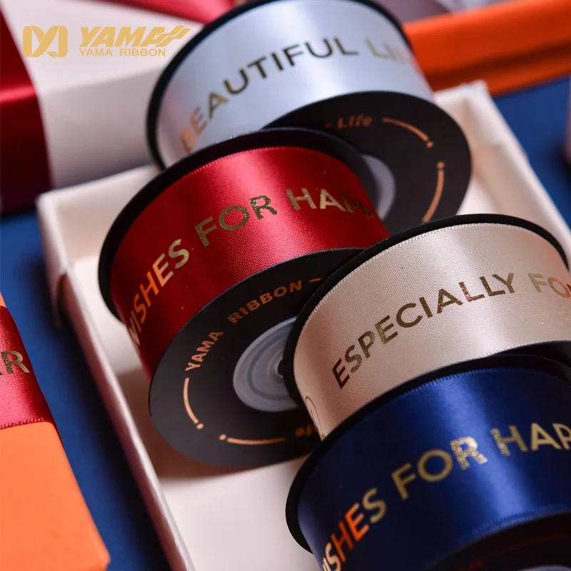 Yama Factory 3D Puff Foil Gold Printed Custom Satin Ribbon With Logo Satin Branded Ribbon