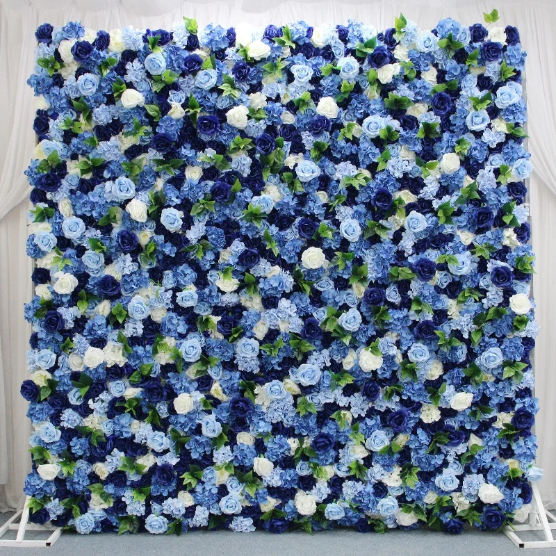 Royal Blue 3D Artificial Peony Hydrangea Cloth Flower Wall Rolling Up White Rose Fabric Floral Wall Party Wedding Backdrop Decor