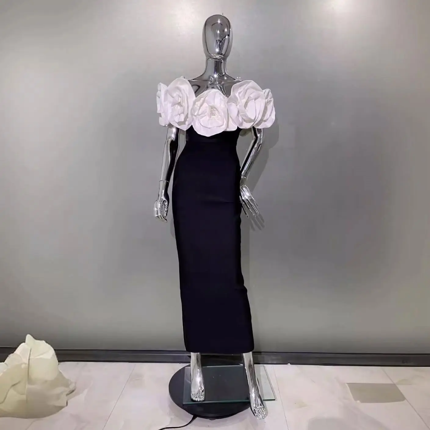 Amazon Cross-Border Hot Three-Dimensional Large Flower Off-Shoulder Hip Bag Dress Fashion Elegant Party Bandage Dress