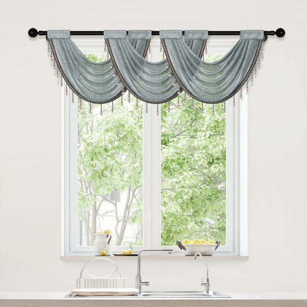 ELKCA Silver Grey Tulle Waterfall Swag Valances for Living Room Kitchen Semi Sheer Curtain Valance Rod Pocket with Tassel