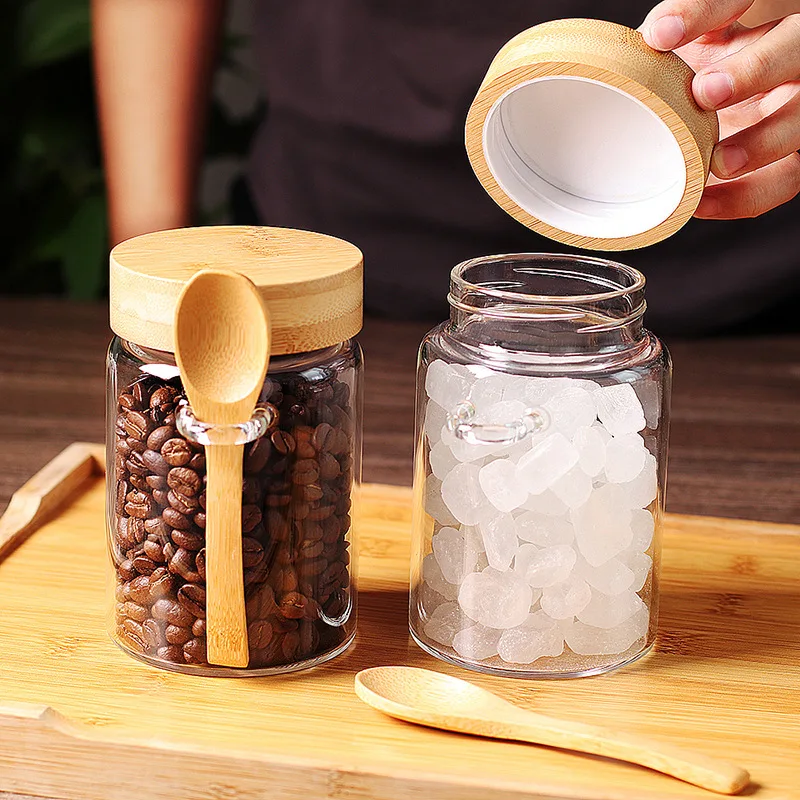 Airtight Glass Storage Container Jar with Bamboo Screw Lid and Spoon for Sugar Flour Honey and Coffee beans