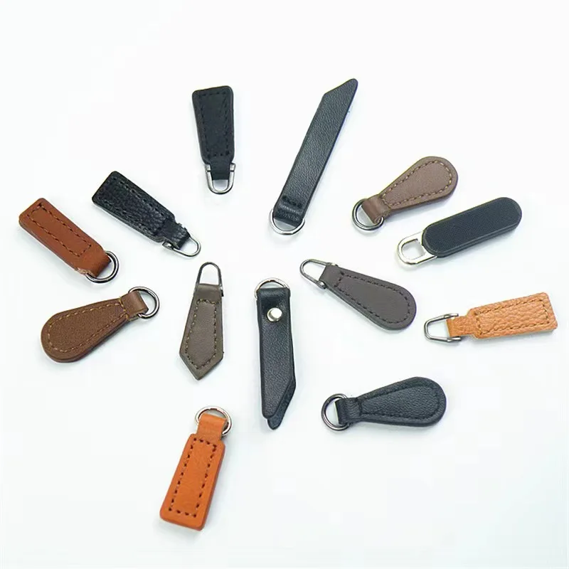 Zipper pulls custom logo leather zipper slider PU leather zipper tag puller head