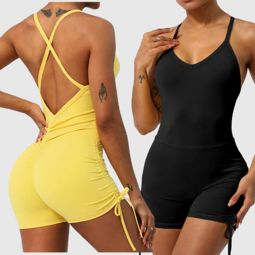 Custom one piece yoga jumpsuit seamless body con for women workout ribbed shorts rompers sleeveless active wear jumpsuit