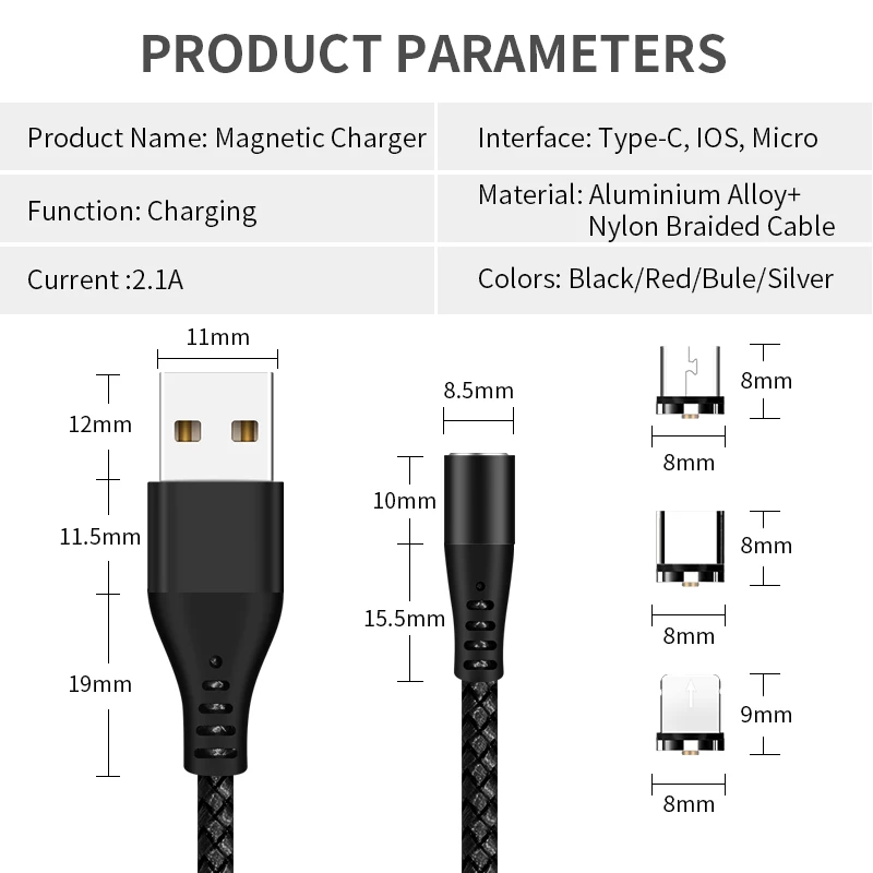 3 in 1 USB C Micro Lightning Charging Cable 1m 3ft Magnetic Fast Charging Cable