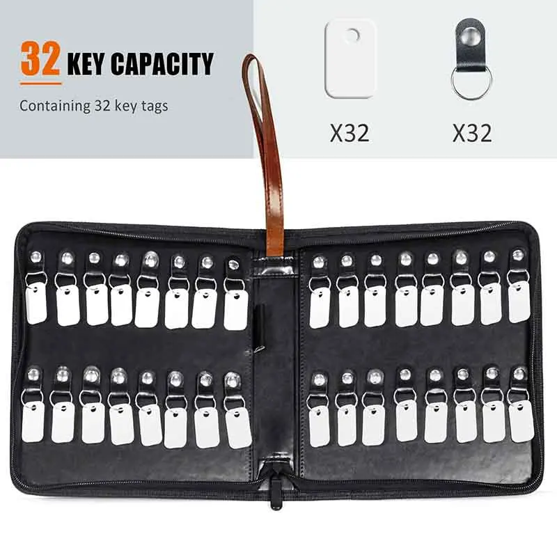 Hot Sell Portable Zippered Key Case Leather Key Storage with Handle 32 Key Capacity Zippered Key Pouch