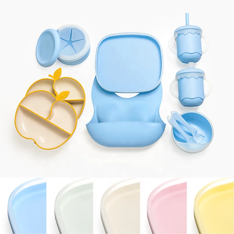 Eco Eat Utensils Grey Pink 10 Pcs 9 Kids Dining Toddlers Children Bowl Silicon Bpa Free Table Silicone Baby Feeding Set For Baby