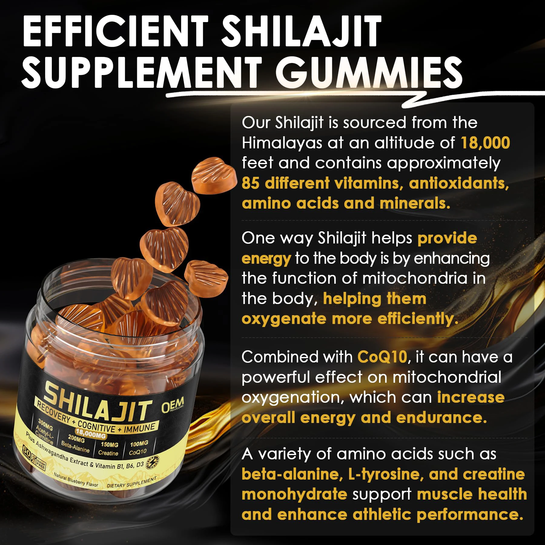 Custom Organic Shilajit Gummies with Ashwagandha CoQ10 Himalayan Shilajit Capsules L-Tyrosine B6 for Energy Boost Brain Function