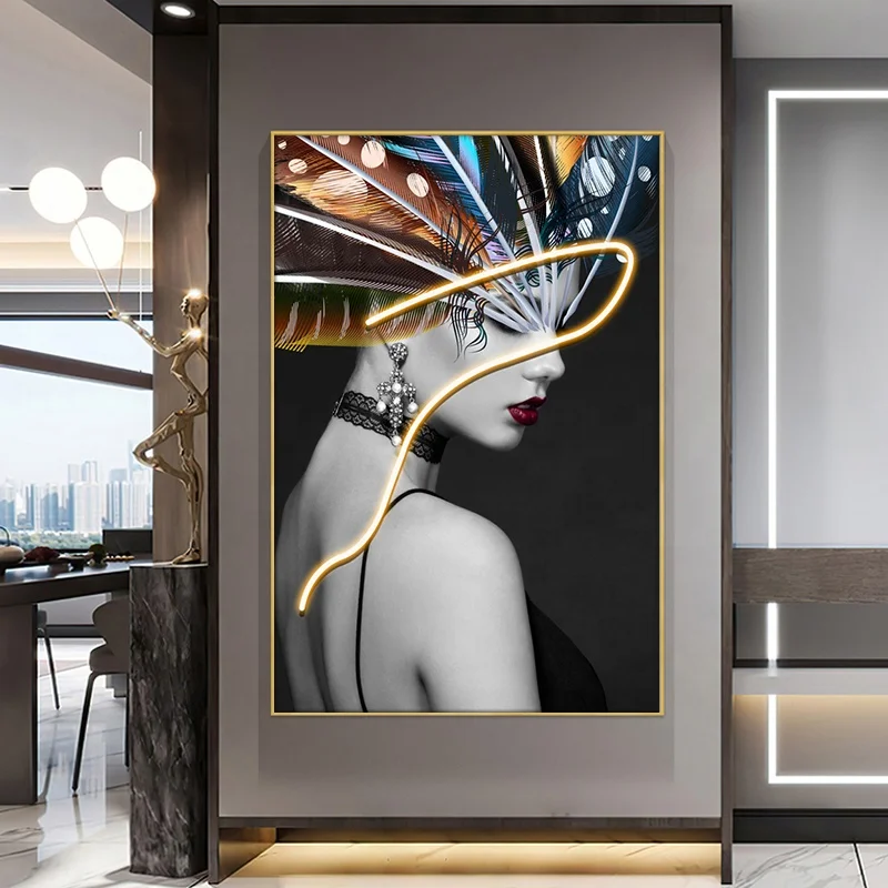 Light Luxury Living Room Porch Wall Large Hanging Painting Floor Painting LED Lights With Girl Characters Canvas Painting