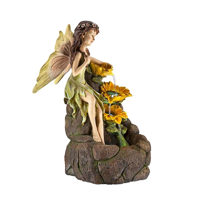 Large Size Outdoor Resin Fairy With Sunflowers Handmade Sculpture Water Fountain Garden With Lady Statue Led Lights