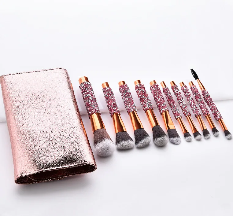 Luxury makeup brush set 10pcs rose golden glitter handle crystal diamond foundation brush set with PU bag makeup brushes