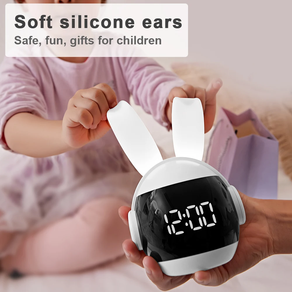 Small Rabbit Kids Alarm Clock With Dimmable Ambient Lighting Sleep Training Clock For Toddlers Teens Bedrooms