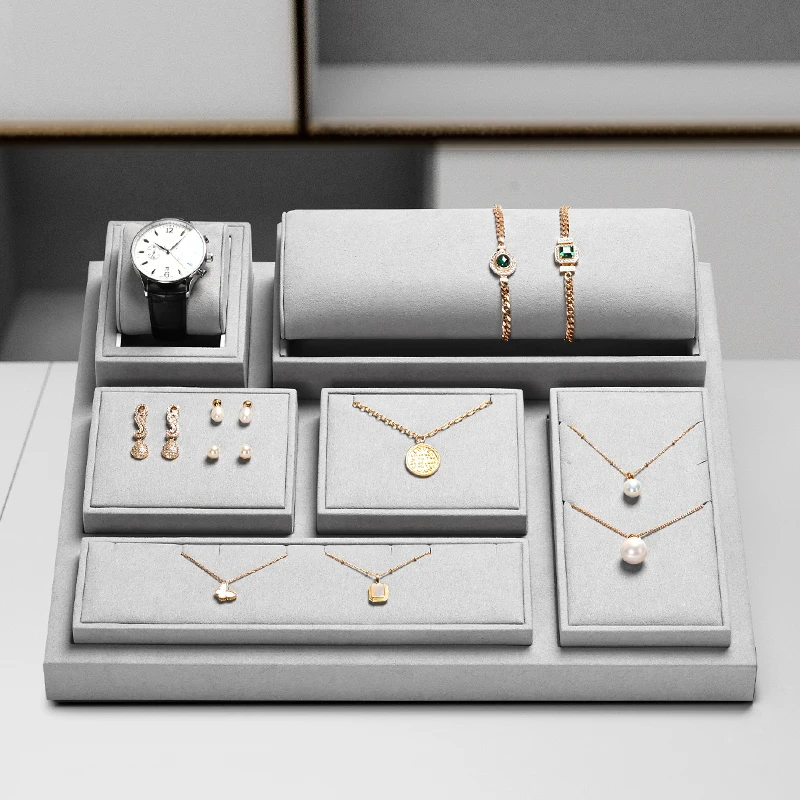 FANXI Monet Grey Jewelry Combo Set Microfiber Luxury Jewelry Display Stand Set Window Display Props