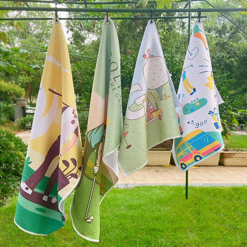 Bulk Wholesale High Quality All Over Print Microfibre Golf Towel with Grommets and Carabiner Golf Accessories