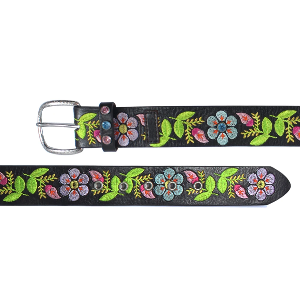 Boho Rhinestone Floral Belt Embroidered Vegan Leather Eyelet Brass Buckle Belts