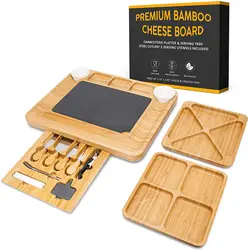 Wholesale Bamboo Cheese Board With Cheese Knives Black Slate Labels Wine Opener Ceramic Bowls