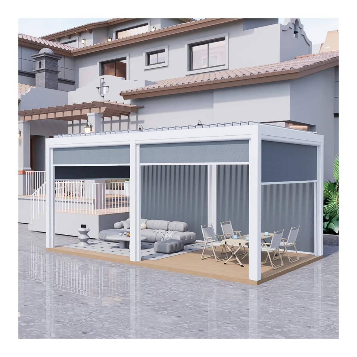 Automatic Electric Louvered Pergola Canopy Modern Design External Pergola Aluminium Outdoor With Motorized Roller Blinds