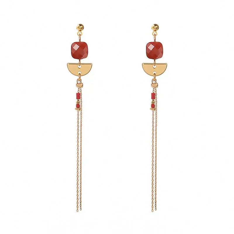 2023 модные ювелирные изделия для женщин подарок S925 наборе серебристых спиц из камня Красного японские рисовые зерна Луна Кольцо покрытое 18 каратами золота с бахромой длинные Позолоченные каплевидные серьги с квадратными