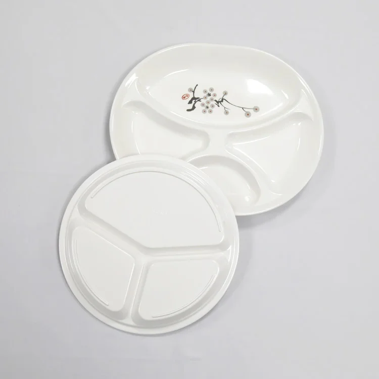 Chinese Flower Pattern Printed White Round 4 Divided Plates Melamine Partition Serving Plate