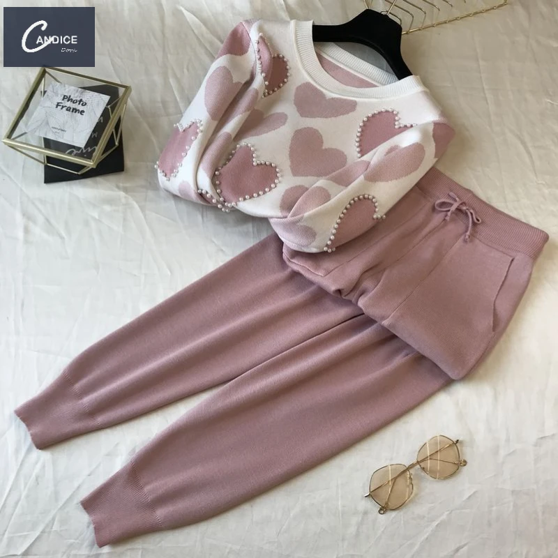 Candice high quality sweater hoodie and long pants suit elegant Beaded knit winter 2 piece sets for women