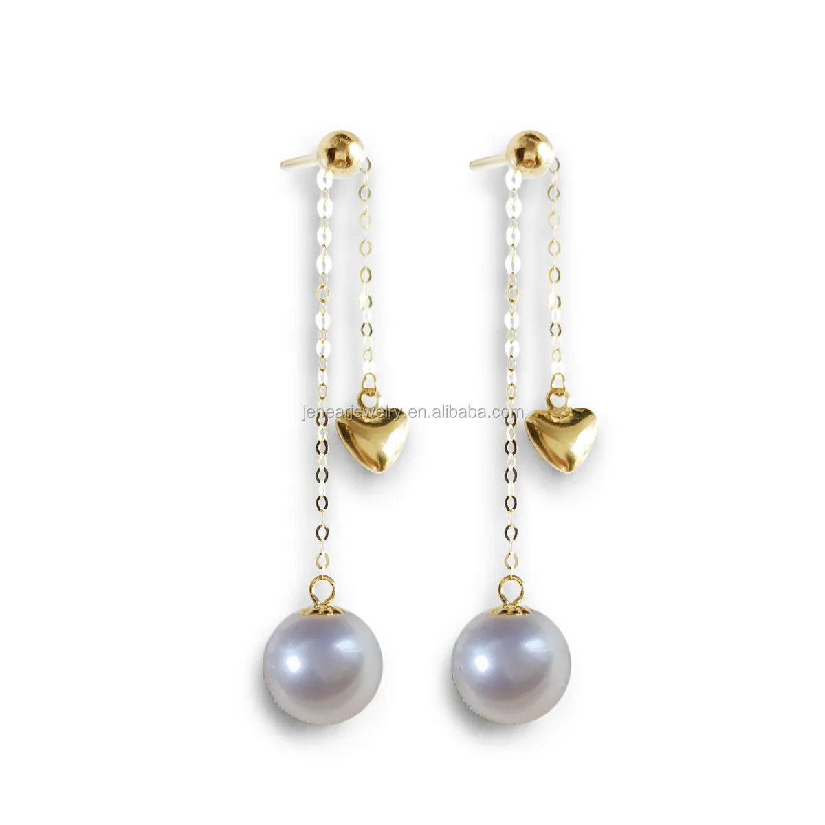 Genuine 18K gold chain earring 18K gold heart and freshwater pearl changeable earring real gold chain heart earring