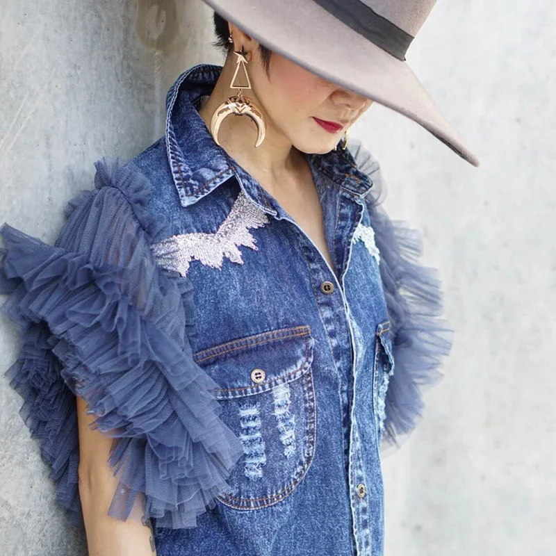 Fashion Sexy Mesh Sleeveless Denim Jeans Jacket For Ladies