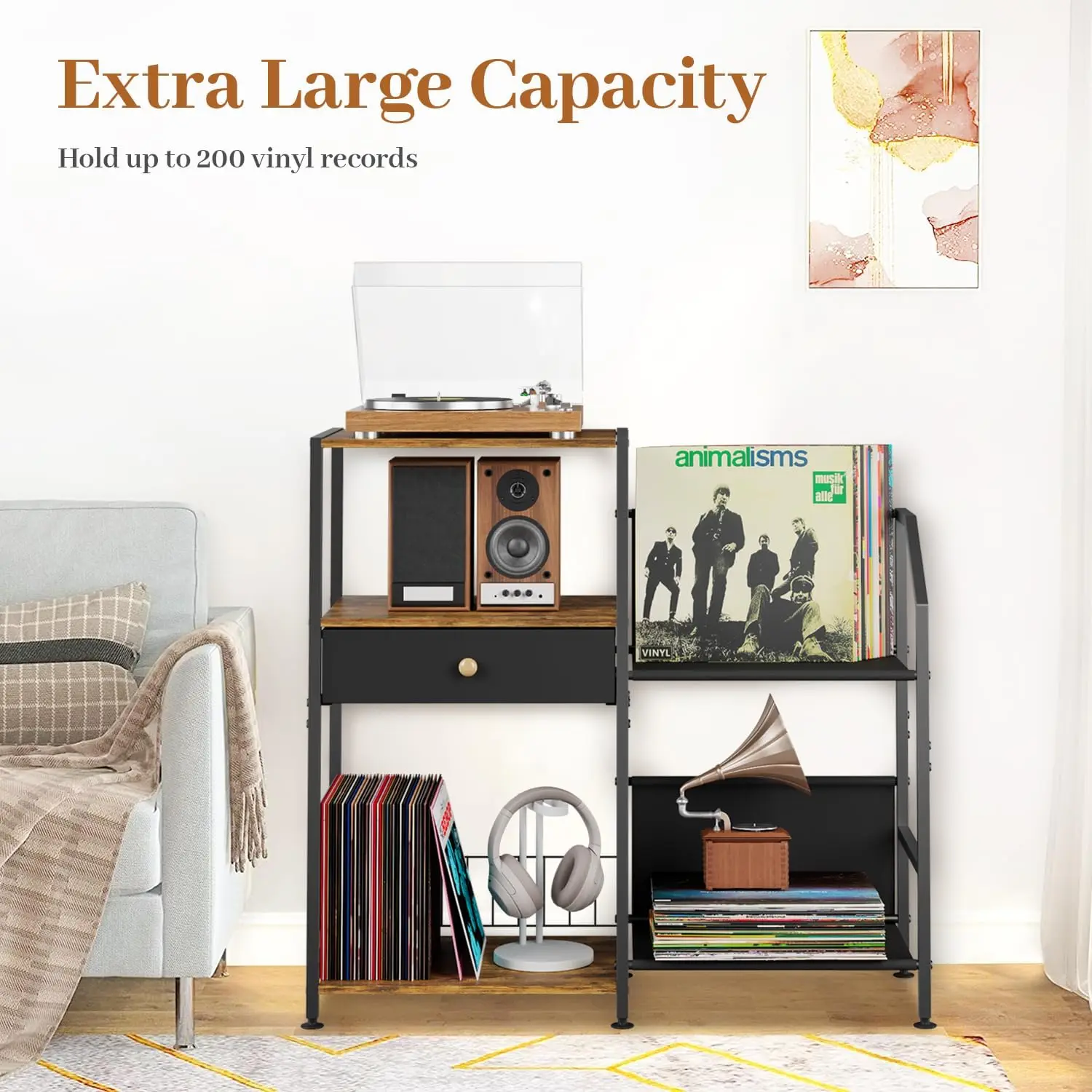 Living Room Vinyl Shelf Storage Vintage Turntable Stand Holder Large End Table Media Stereo Record Player Stand