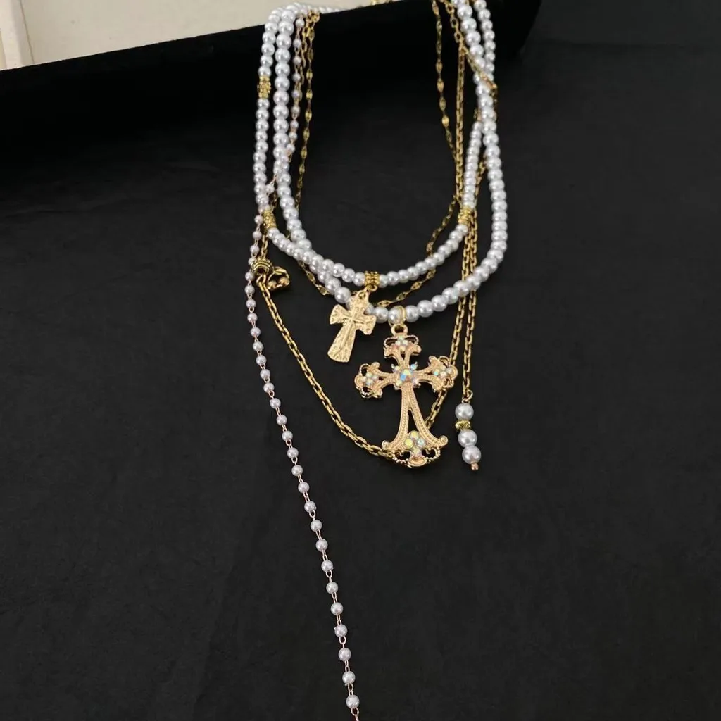 Mailard Style Pearl Beaded Multi Layered Clavicle Chains for Women Gold Cross Pendant Necklaces Jewelry