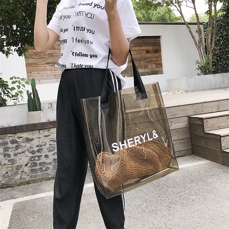 Wholesale Promotion Clear Travel Fashion Design Transparent Beach Black PVC Tote Bags