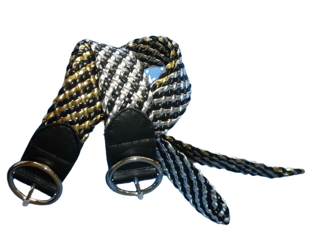 Plaited belts with round gold color buckle with mixed color braided classic and fashion design in high level quality