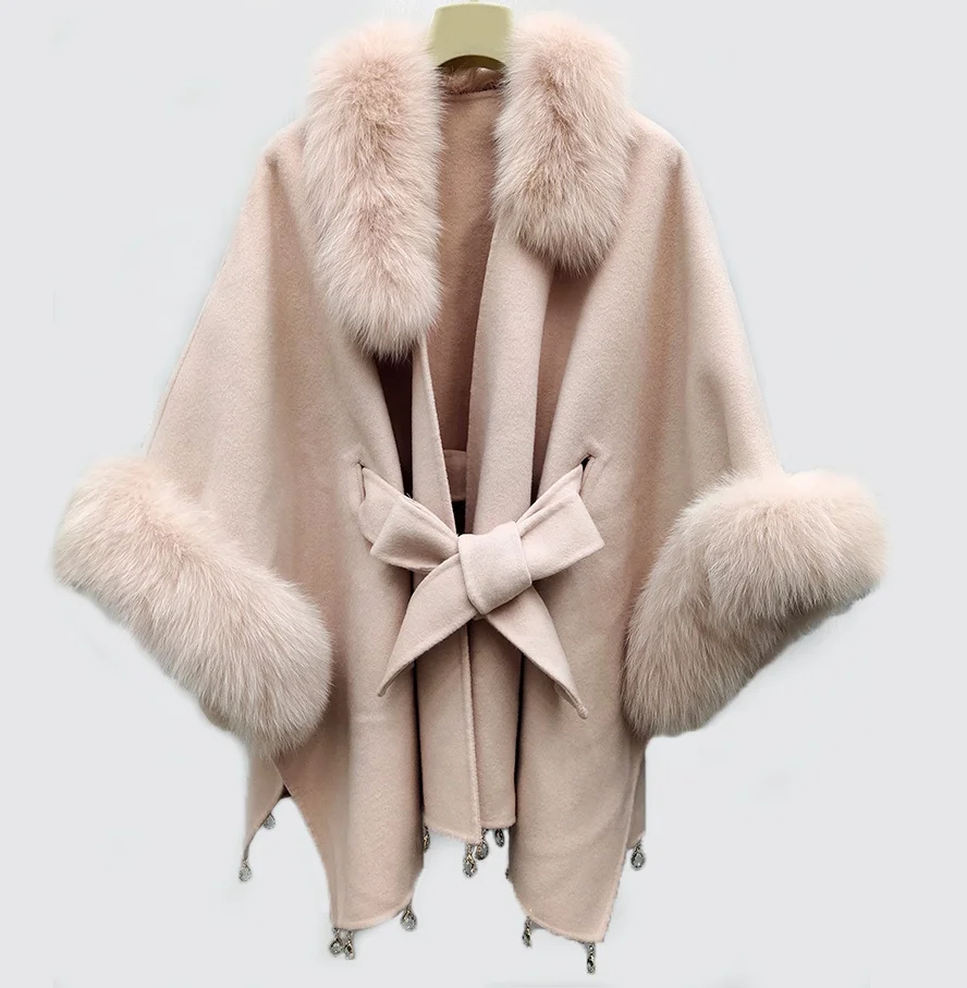 Vintage Cape Poncho Coat Fox Fur Cloak Womens Jacke Bat Sleeve Thick Cardigan Fur Trim Shawl  Wool Cashmere  Outwear Fur Jacket