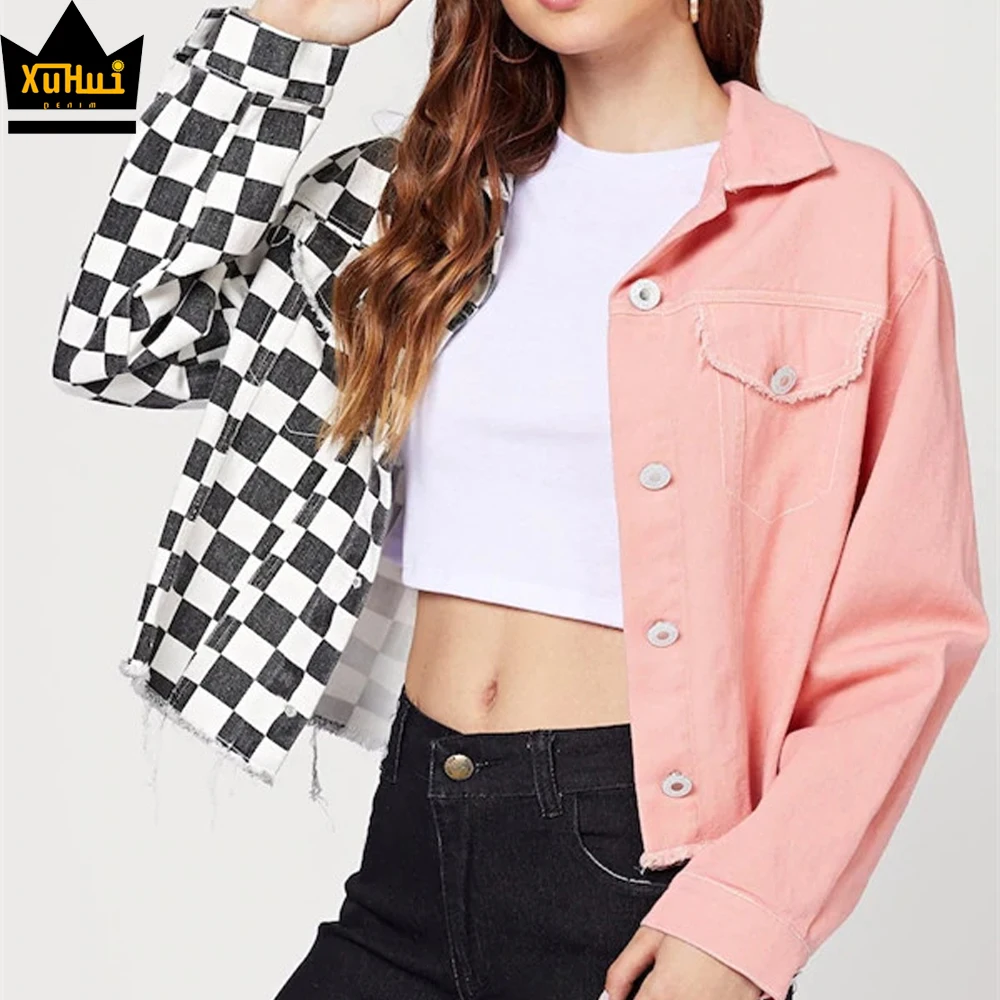Two Tone Ladies Jackets Chaquetas Mujur High Quality Checker Pink Jean Denim Bomber Jaket Women 2020