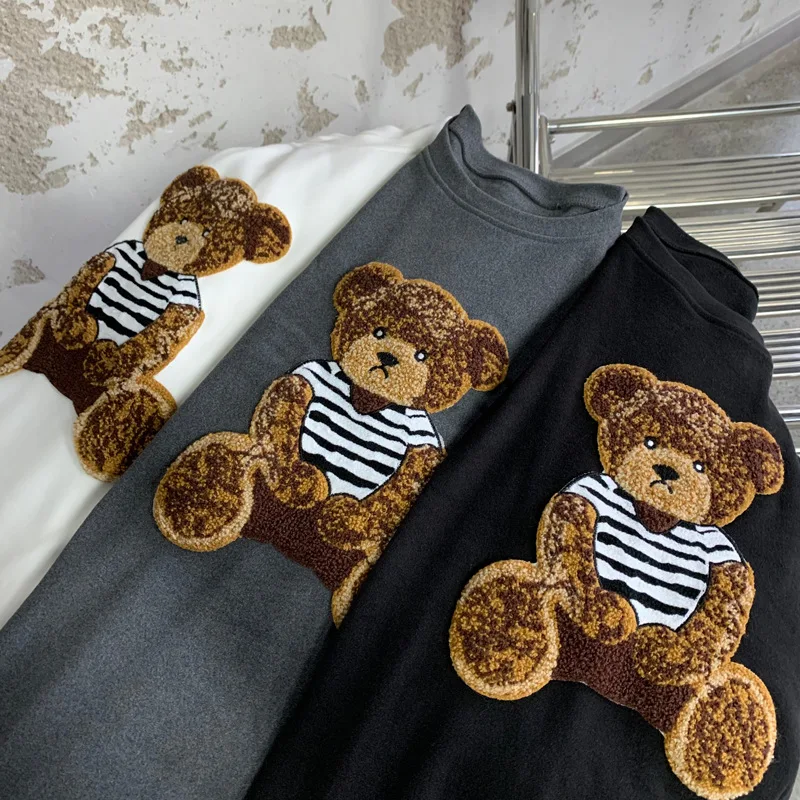 Новинка 2021 Корейская свободная футболка EasyGarment средней длины женский топ с круглым вырезом и принтом медведя короткими рукавами модная женская