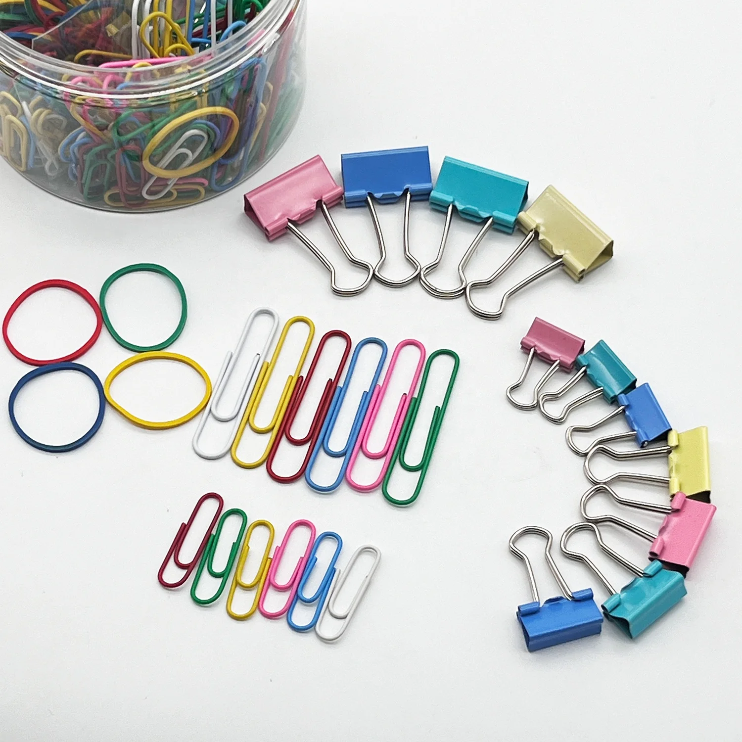 New design custom logo colorful office school supplies mixed size desk binder clip rubber band paper clip decorative set